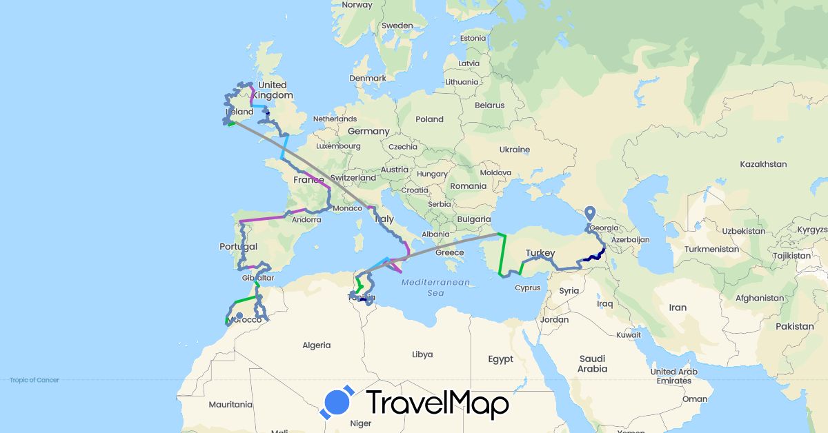 TravelMap itinerary: driving, bus, plane, cycling, train, boat in Spain, France, United Kingdom, Ireland, Italy, Morocco, Portugal, Tunisia, Turkey (Africa, Asia, Europe)